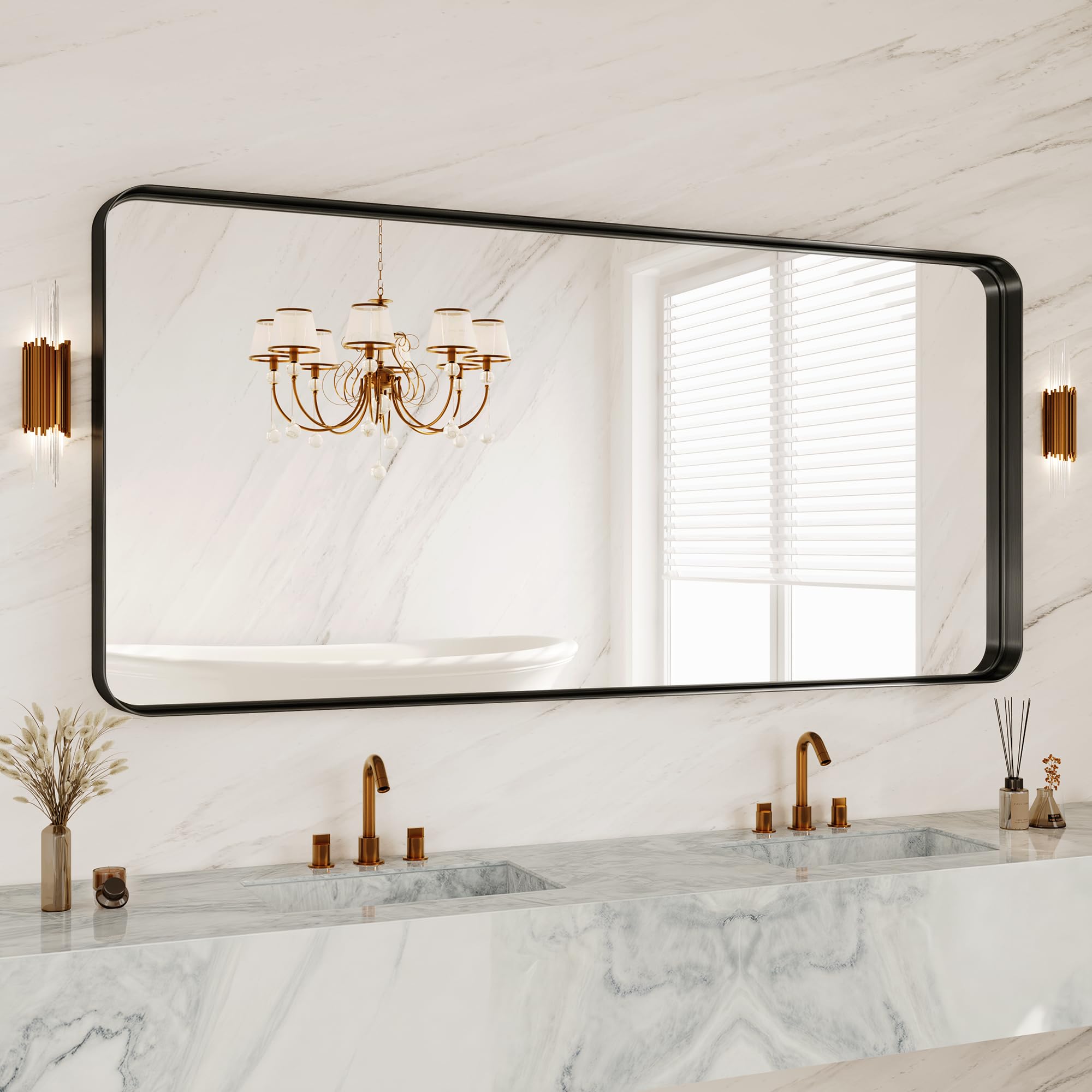 72 x 32 inch black metal framed bathroom mirror for wall, matte framed rounded rectangular modern mirrors for over sink, anti-rust, hd tempered glass, farmhouse, hangs horizontally or vertically
