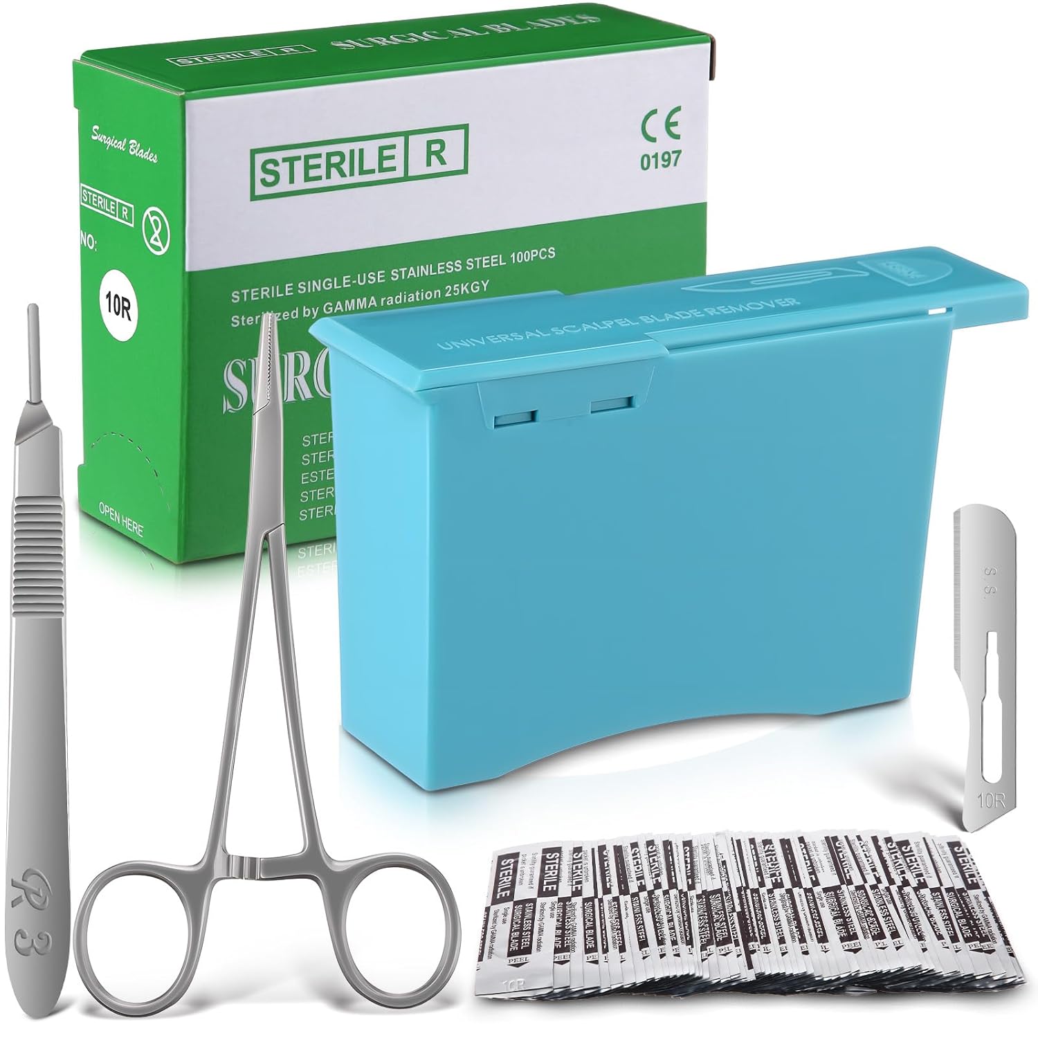 Geiserailie Dermaplaning Kit Professional Includes: 10R Dermaplaning Blades (100pcs) with Scalpel Handle #3, Scalpel Blade Remover Box, Hemostat Forceps, for Skincare Treatments