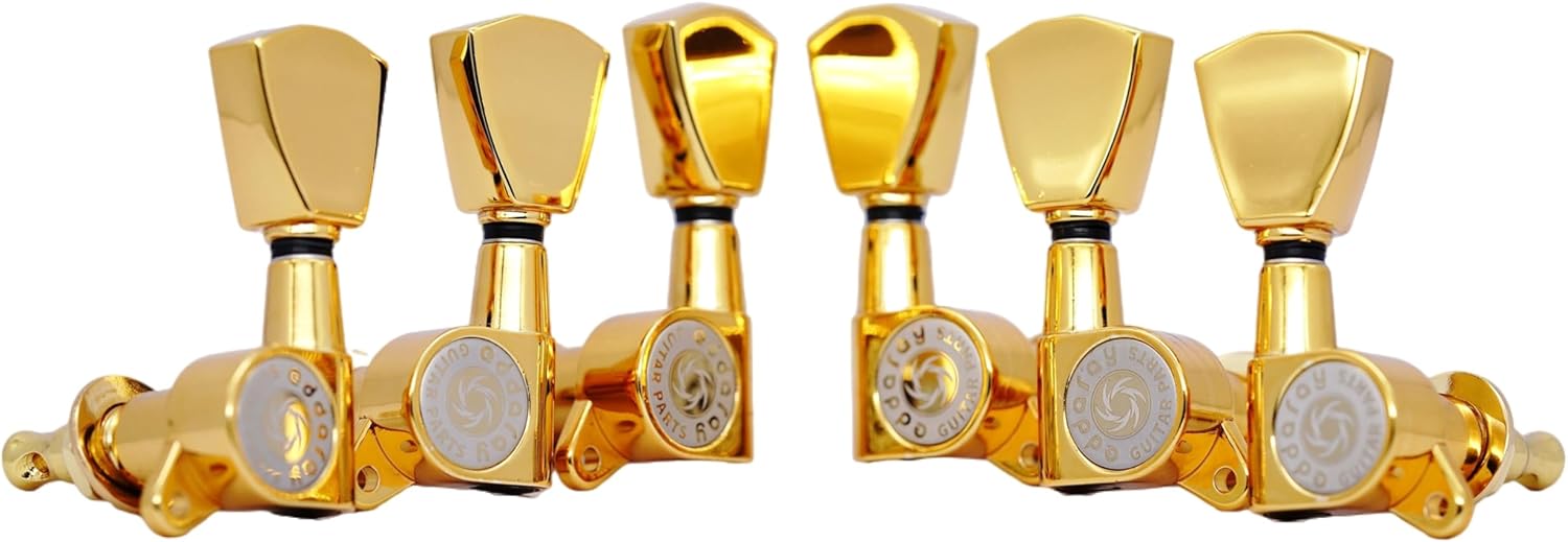 Guitar Machine Heads (3R + 3L) - 1:15 Gear Ratio Sealed Tuning Key Pegs String Tuners Set with Tulip Shaped Knob Replacement (E-1004, Gold)