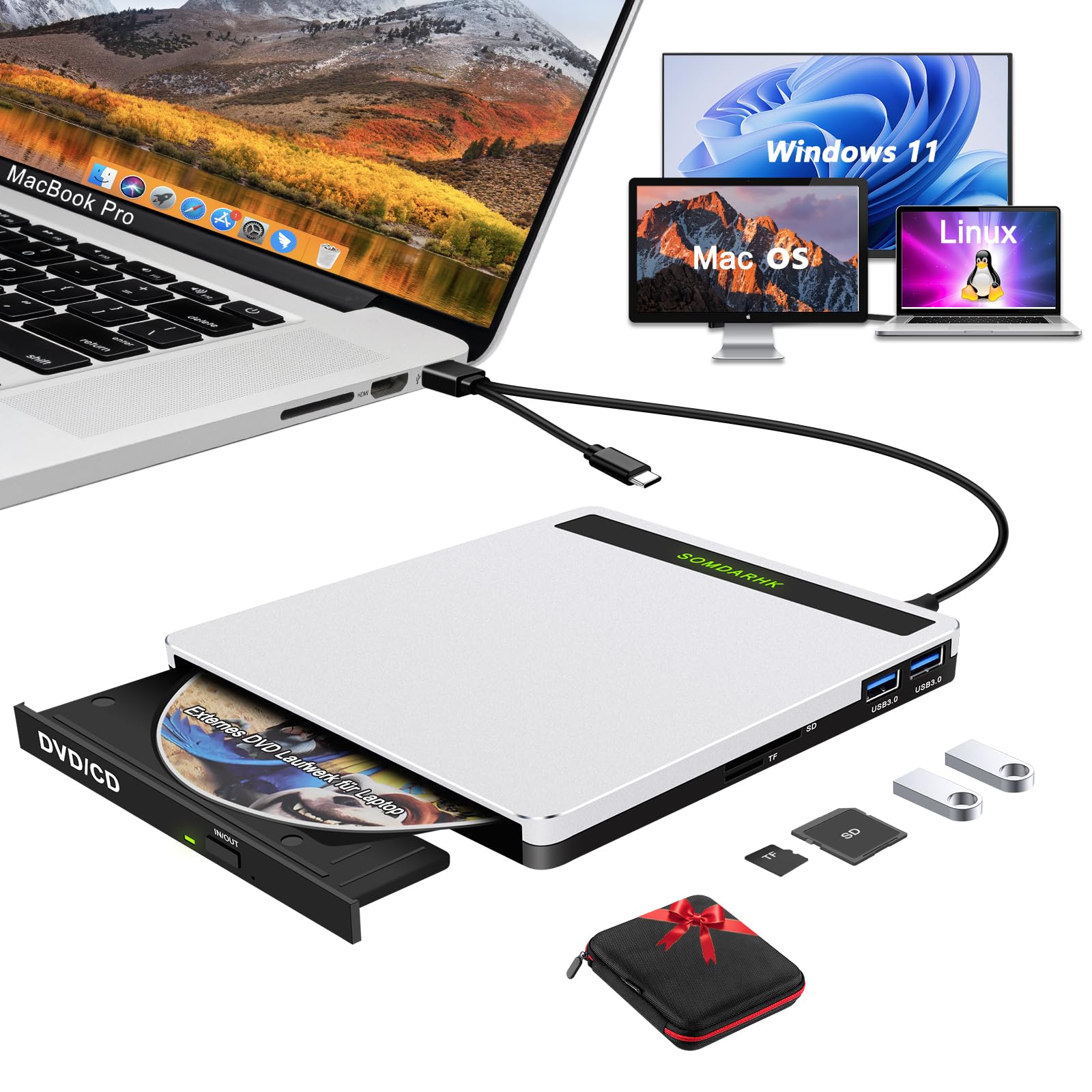 SOMDARHK Unità CD DVD esterna, USB 3.0 Tipo-C, portatile, 5 in 1, ampia compatibilità, alluminio, argento