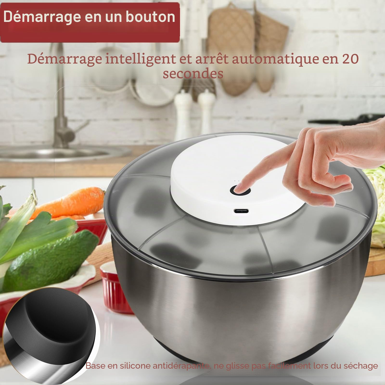 Essoreuse à Salade en Acier Inoxydable avec Couvercle de 4,8 l et Base Antidérapante – Grande Spinner à Salade– Essoreuse à Salade Electrique pour Laitue, Fruits, sans BPA et Passe au Lave-Vaisselle