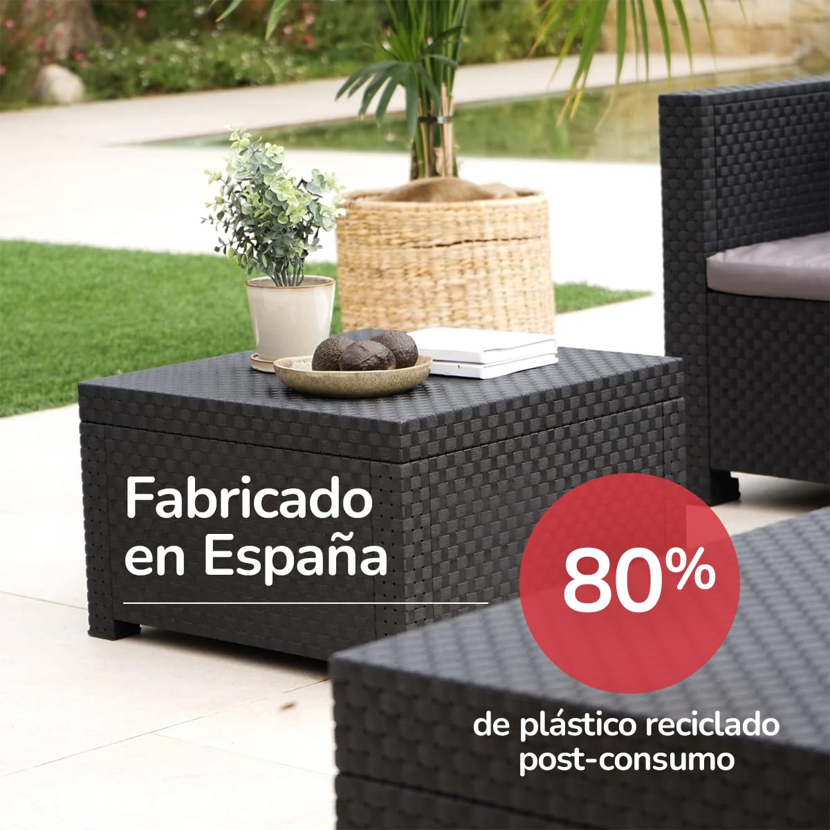 Shaf - Conjunto Jardín Exterior y Terraza - Sofá 2 Plazas, 2 Sillones con Cojines Acolchados y Mesa de Centro con Almacenamiento - Plástico Reciclado - Set Diva Confort Storage - Grafito