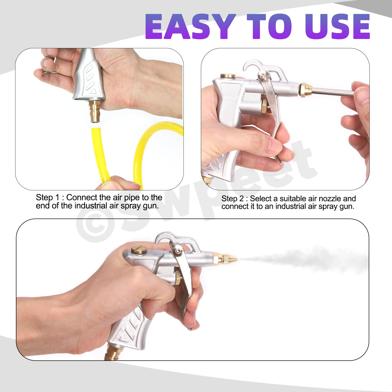 Swpeet 3Pcs Air Tools Assortment Kit Including Air Blow Gun with Brass Adjustable Air Flow Nozzle Standard Quick Coupling and 2 Steel Air Flow Extension for Car Repair Shop Cleaning Work - Image 4