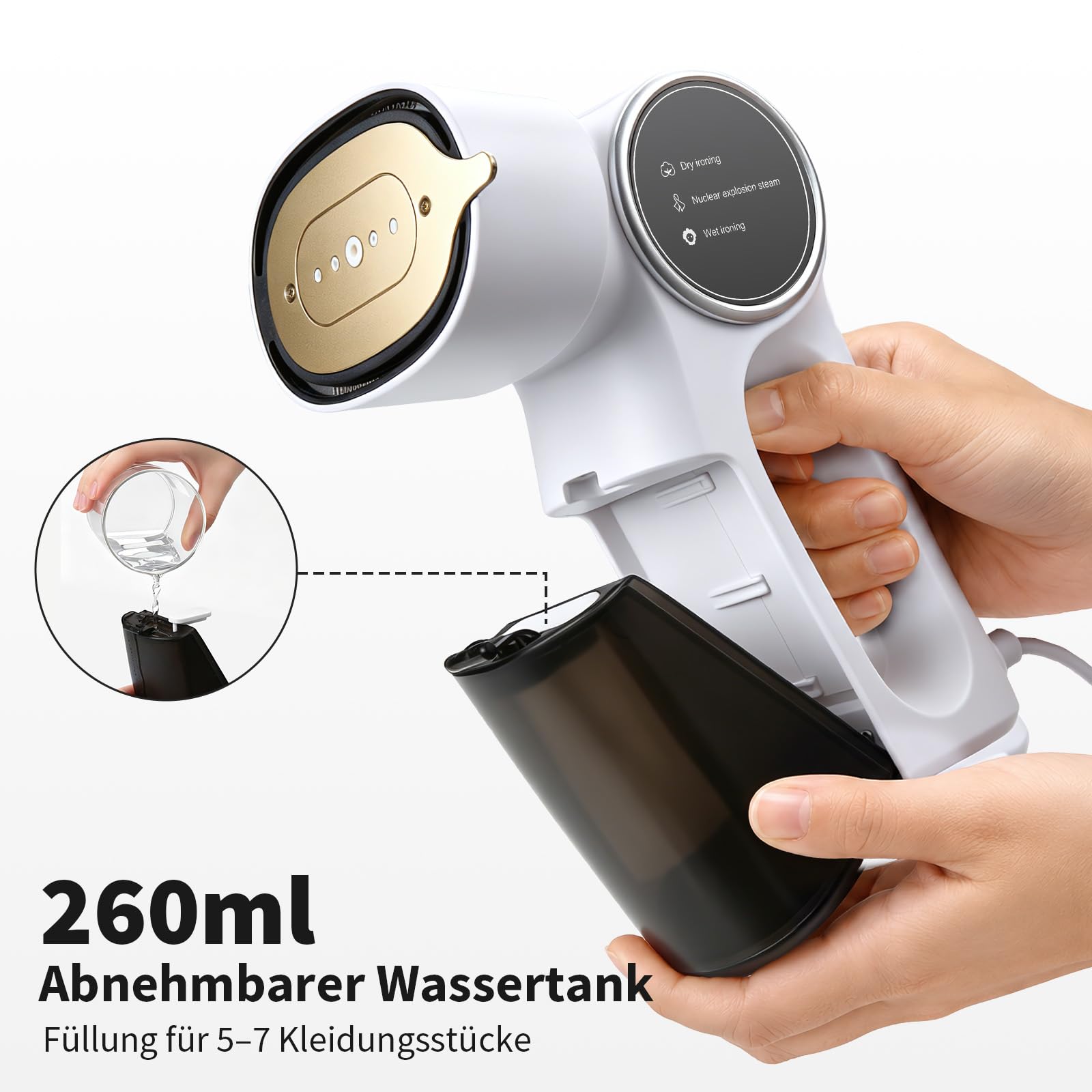 Steamer Dampfglätter mit Saugfunktion, 5000Pa Saugleistung 2-in-1 Dampfgarer & Bügeleisen Dampfbügeleisen 260ml Wassertank 3 Modi & 360°-Auslaufschutztechnologie zur Faltenentfernung