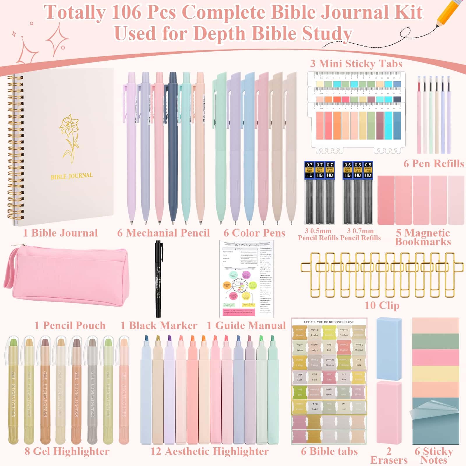 Flasoo Paquete de 106 suministros de estudio bíblico para mujeres, kit de anotación de diario de la iglesia, notas y marcadores con estuche y más accesorios de la Biblia, regalo cristiano
