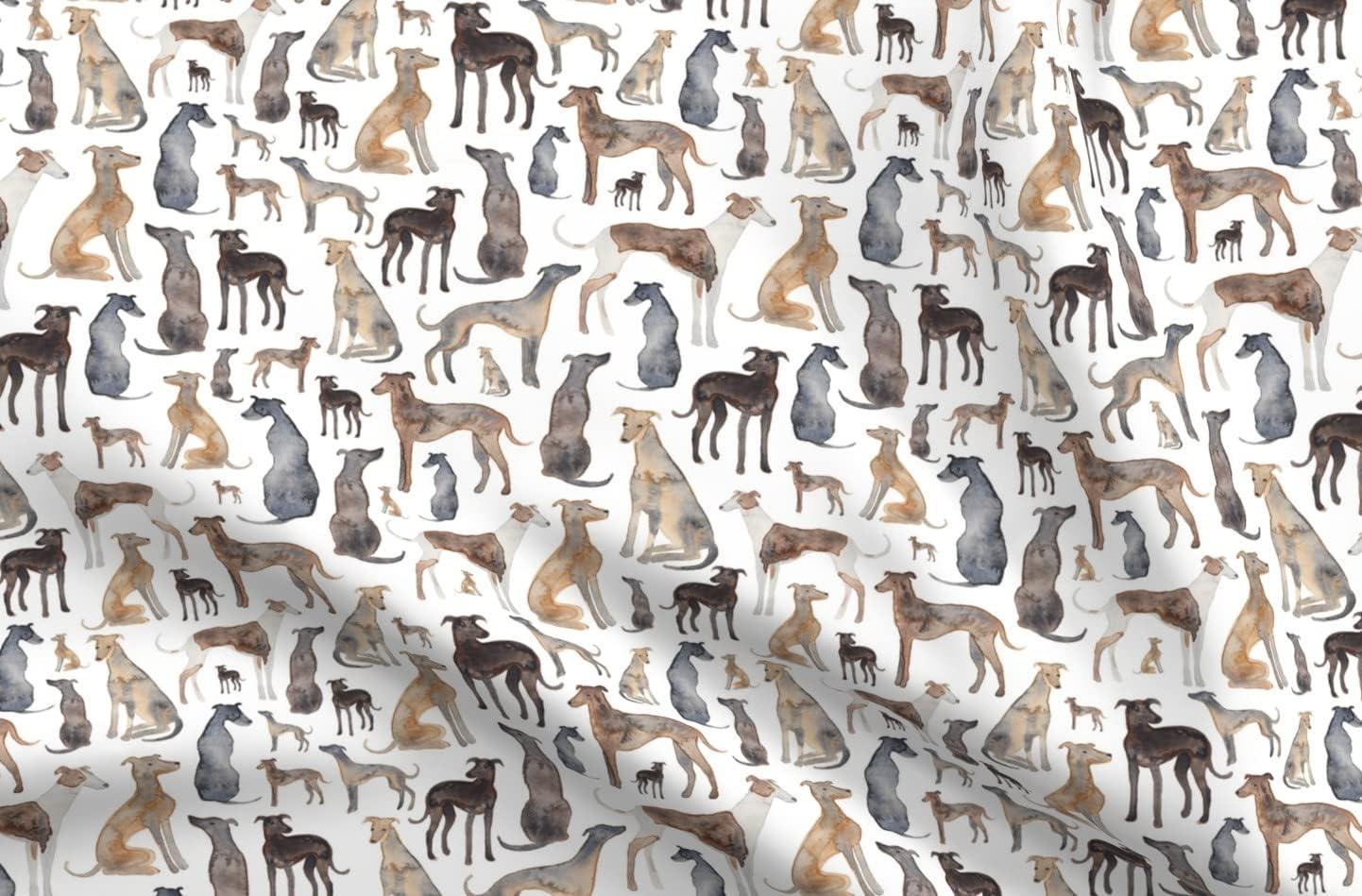 Spoonflower Fabric - Dog Pet Sighthound Greyhound Whippet Lurcher Puppy Watercolor Printed on Organic Cotton Sateen Fabric by The Yard - Sewing Quilting Apparel Home Decor