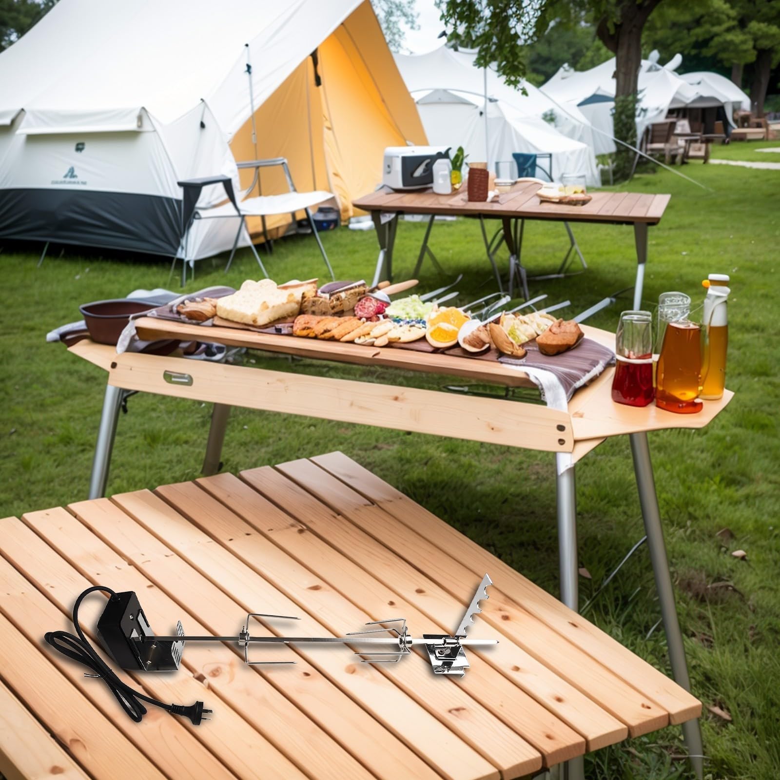 Kit girarrosto elettrico automatico per grigliare all'aperto, asta in acciaio inossidabile 304 con motore e forchette, lunghezza regolabile 73 cm, strumento resistente per barbecue per carne e pollame