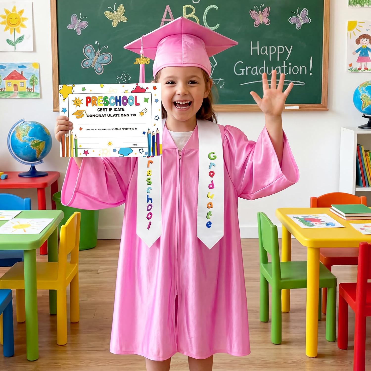 Bokon 4 Pcs 2026 Kindergarten Preschool Graduation Cap and Gown with Tassel Graduation Stole and Certificate for Toddler Kids