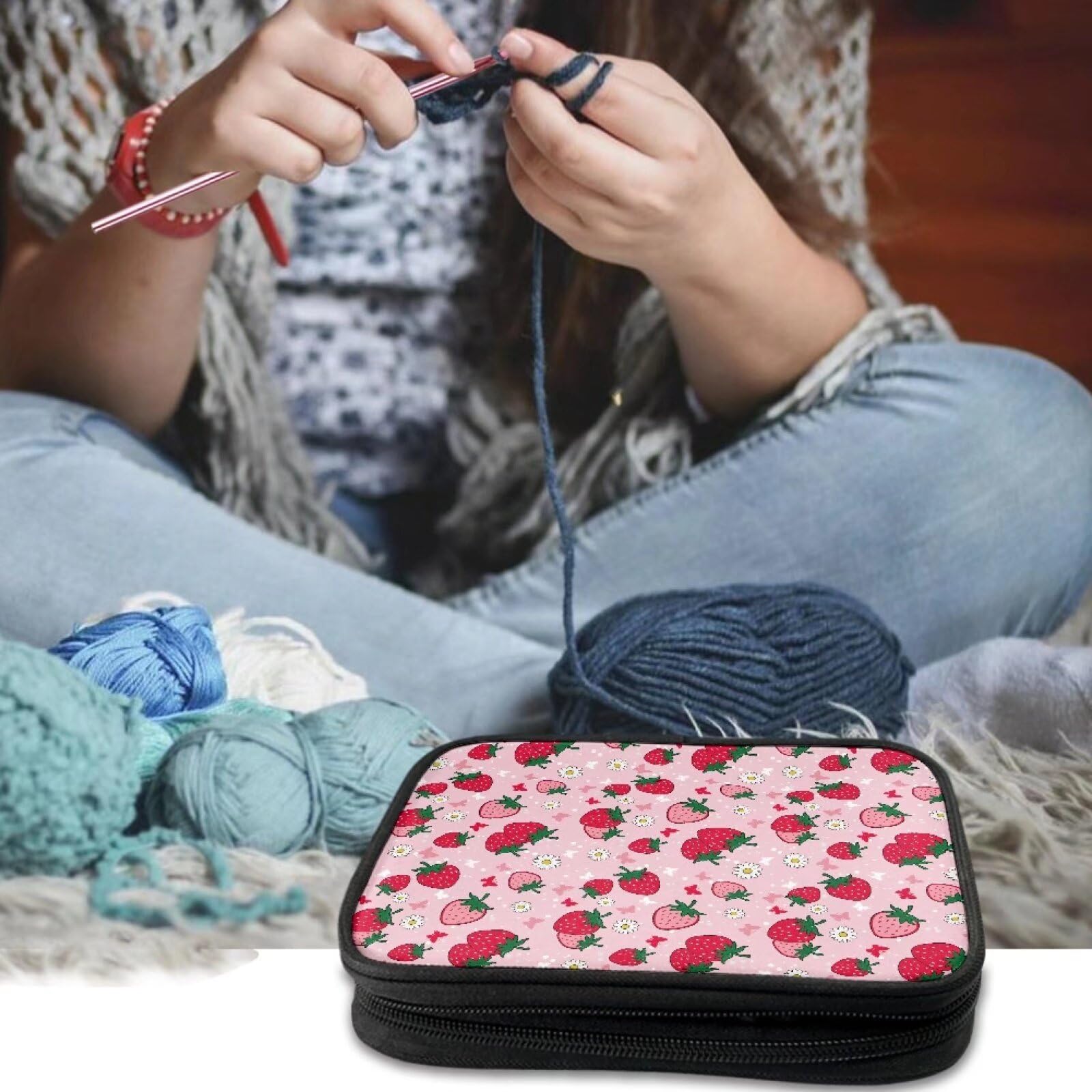 Noprintge Cute Strawberry Print Crochet Hook Organizer Case, Square Knitting Needle Storage Bag, Travel Organizer Bag for Crochet Hook and Knitting Accessories (No Accessories Included)