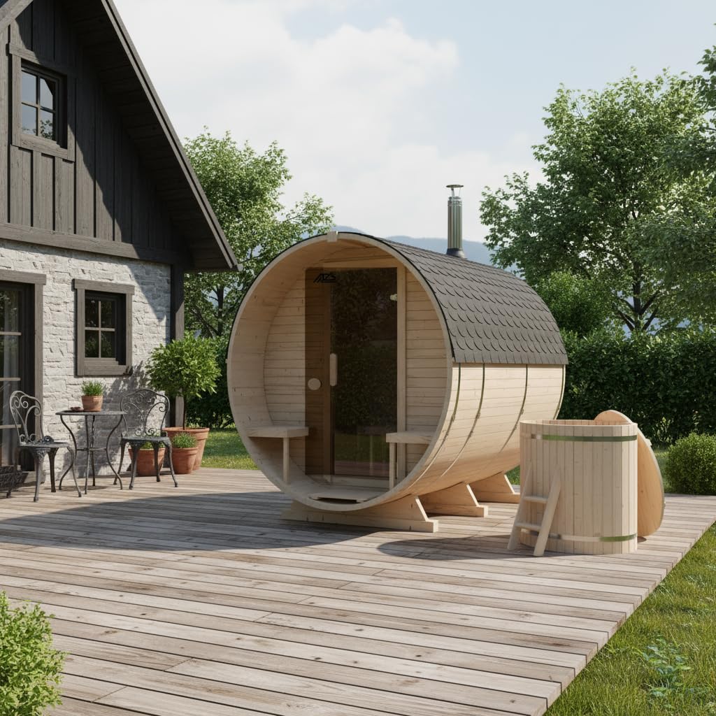 Fasssauna Gartensauna aus Fichtenholz mit Holzofen ETNA – 2–6 Personen