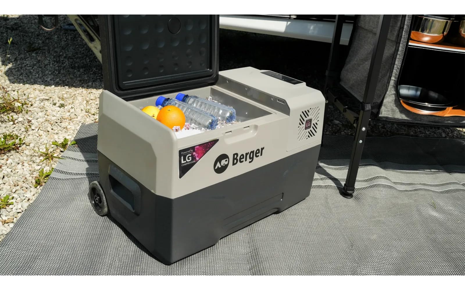 BERGER | Nevera de compresor B40-T 29 L, 12 V, 24 V, 230 V, Conector eléctrico, con Ruedas, silenciosa y Ligera, Ideal para Camping, jardín, Playa y Festival