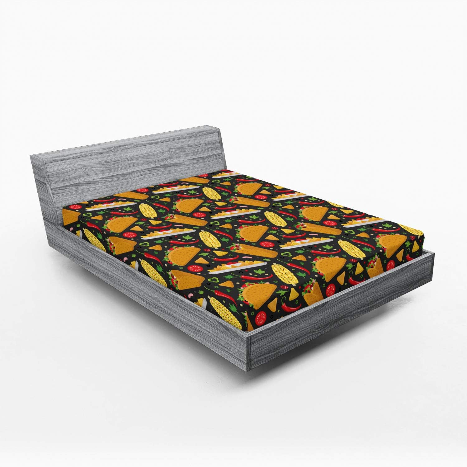 Ambesonne Mexican Fitted Sheet, Latin Dish with Tortilla Tacos Corns Burrito Chili Nachos Veggies Red Cook Graphic, Bed Cover with All-Round Elastic Deep Pocket for Comfort, Queen Size, Multicolor