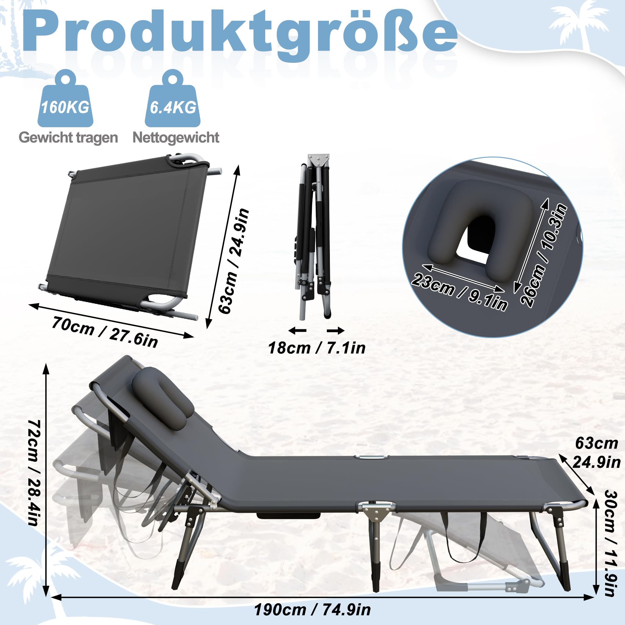 AufuN Sonnenliege Faltbare mit Gesichtsöffnung bis 160kg, 2pcs Strandliege mit Kopfkissen & Tragegriffe & Seitentasche, 3-Fach Verstellbare Liegefläche, Gartenliege für Strandurlaub,Dunkelgrau