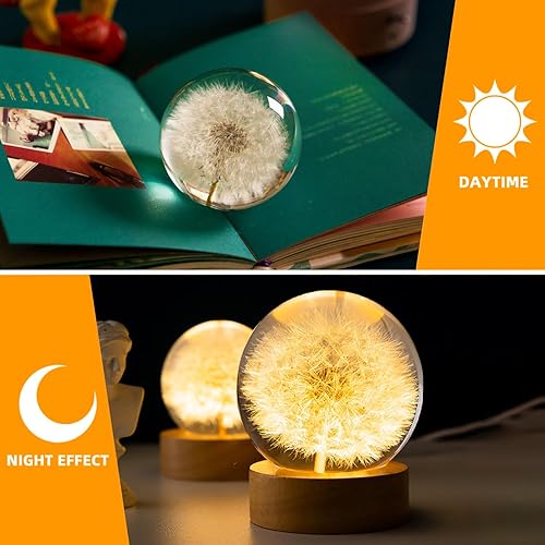 Miniatura 2 de Luz nocturna con bola de cristal de flores, lámpara de noche de bola de vidrio de 2.75 pulgadas con base de madera, decorativa creativa luminosa