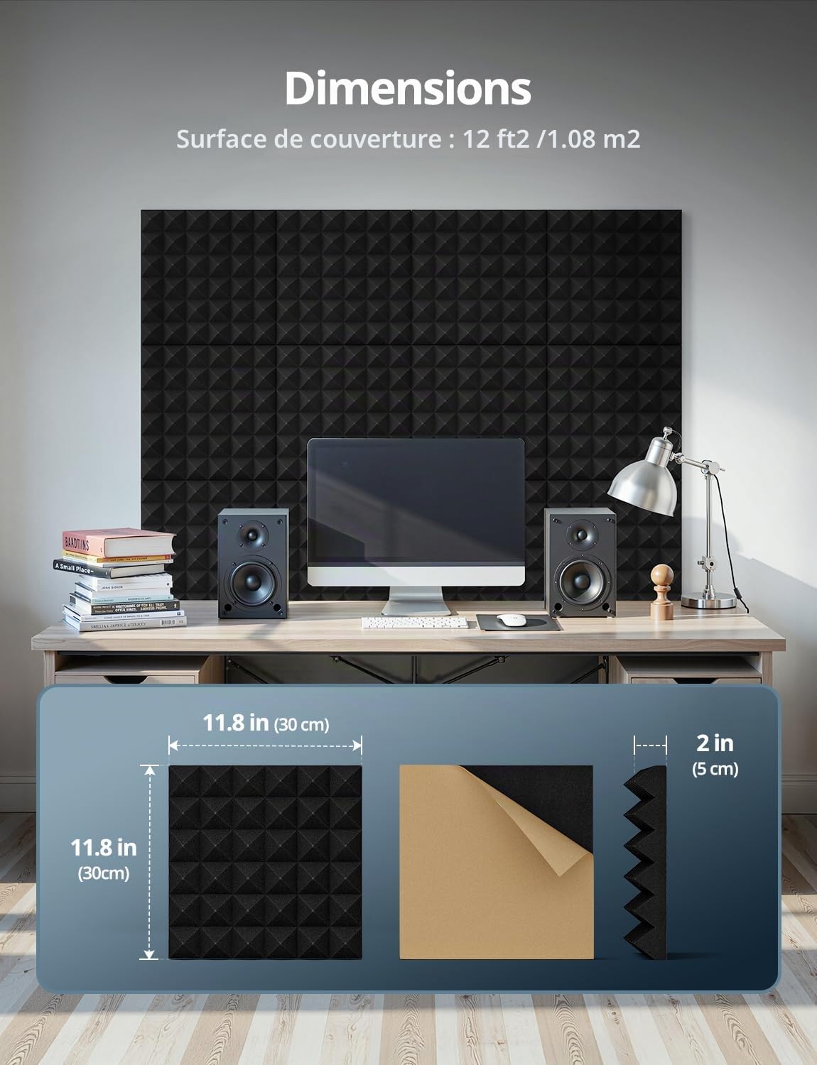 Mousse Acoustique Autocollante, Lot de 24 Panneaux Acoustique, 30 X 30 X5cm, Mousse Anti Bruit, Gaming, Podcasting, Studio d'enregistrement, Bureaux