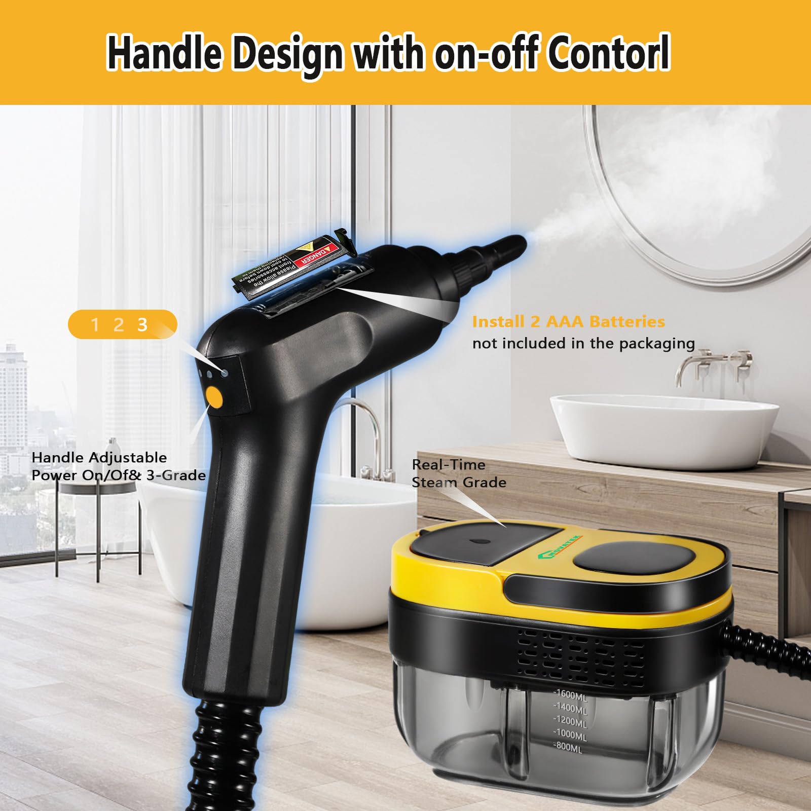 Handheld Steam Cleaner with Trigger Control, 1600ml Water Tank, Continuous High Pressure Steamer for Cleaning Floors, Tiles, Carpets, Grout, Upholstery, Furniture