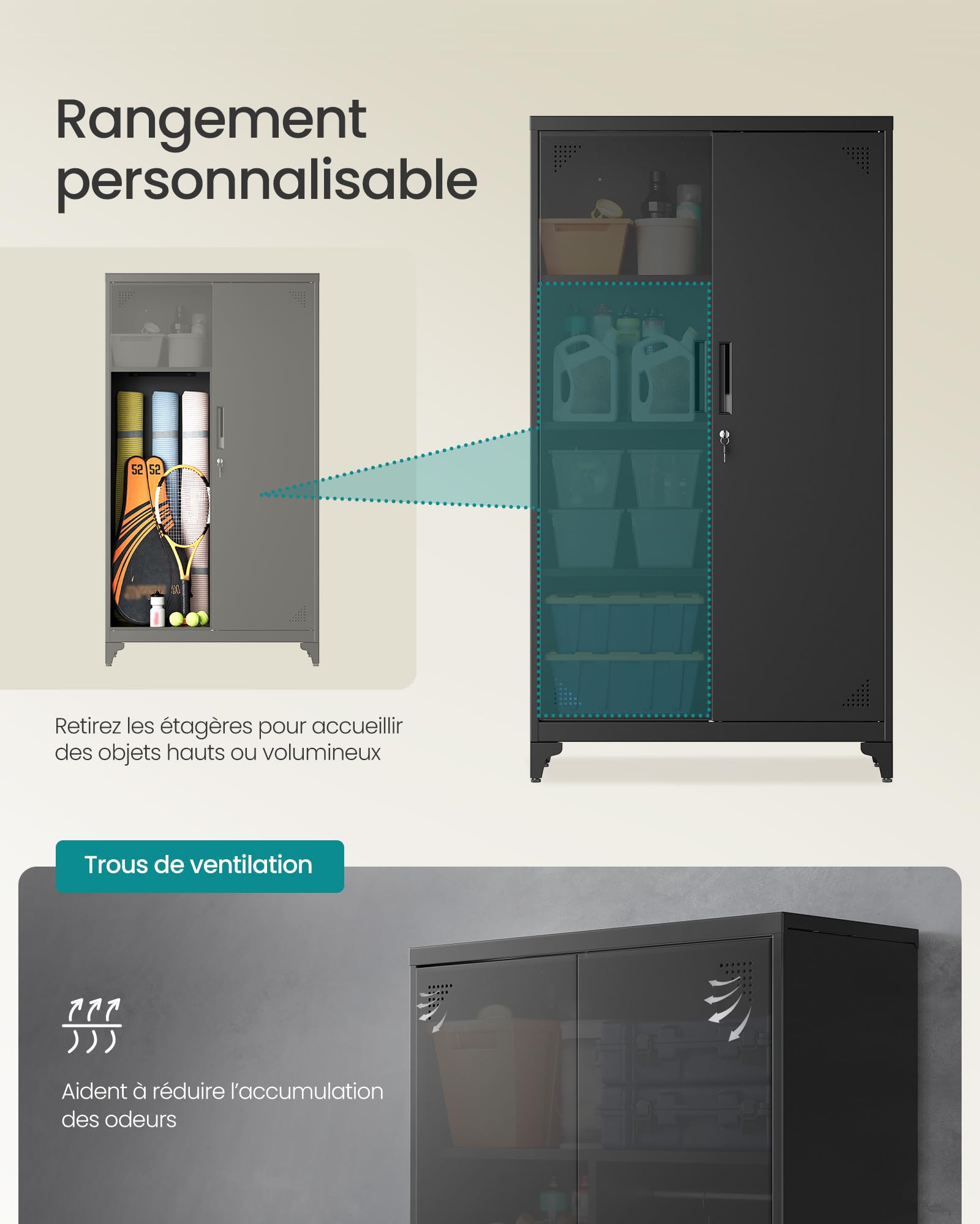 SONGMICS Armoire Polyvalente, Meuble de Rangement, Métallique, avec 2 Portes, 5 Compartiments, Tringle de Penderie, Verrouillable, Pieds Hauts, 80 x 40 x 165 cm, Noir Mat OMC018BD01