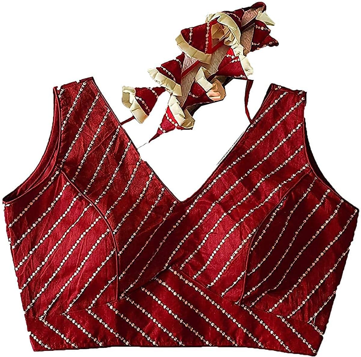 Silk Saree Sari Blouse Back Dori String Tassels Thread & Sequin Work Sleeveless Readymade for Women