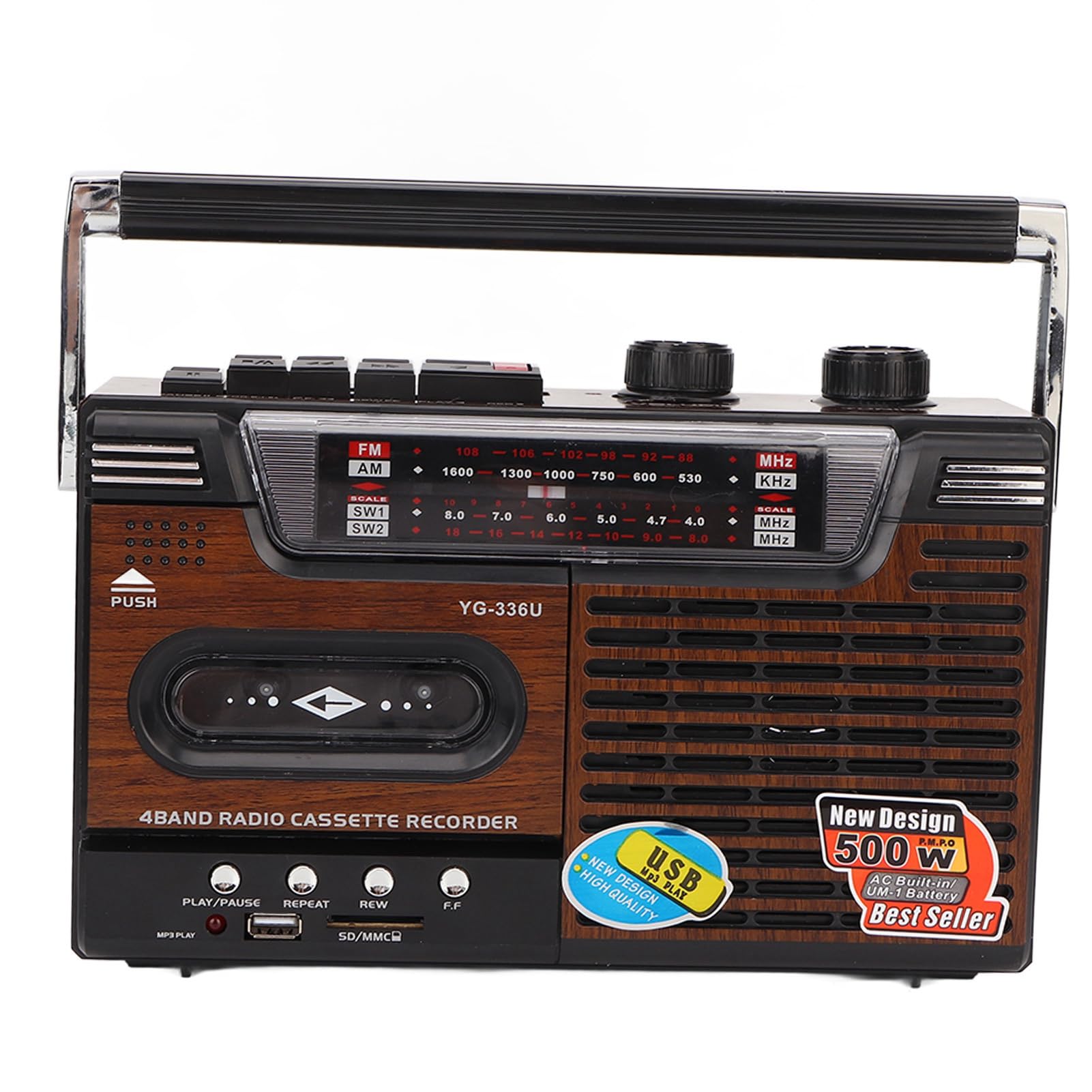 Boombox with 4 Band (AM, FM, SW1, SW2), Cassette Player Boombox AM FM Radio, Casette Tape Player Recorder with Earphone Jack, Support Storage Card and USB (US Plug)