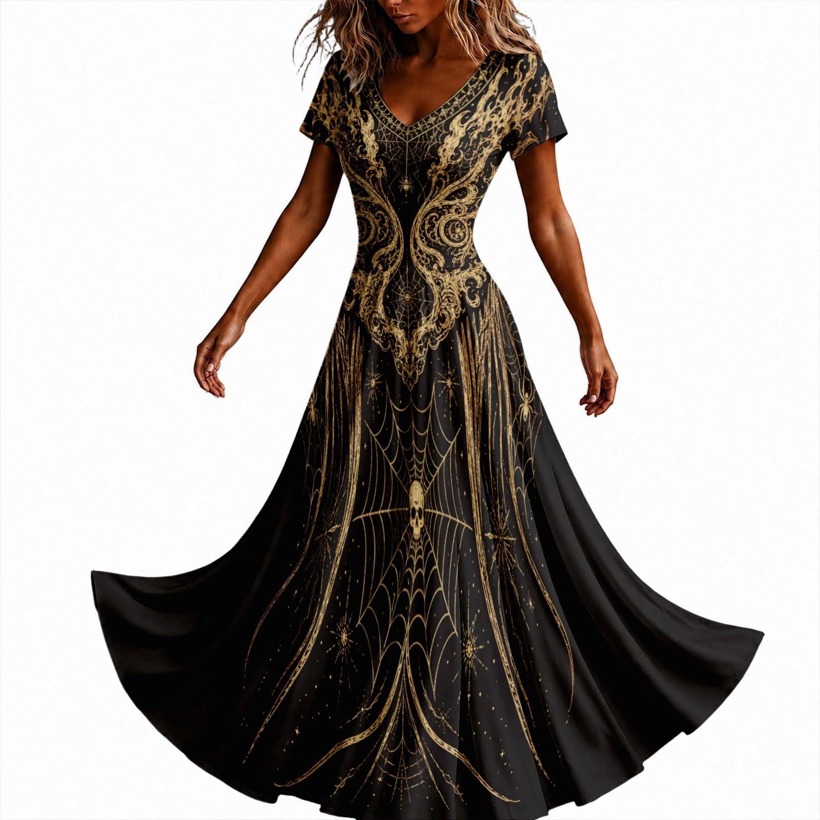 Halloween Dresses for Women UK Ladies Gothic Dress Skeleton Print Costume Short Sleeve V Neck Plus Size Costumes Scary Funny Skeleton Printed Halloween Elegan Flowy Maxi Dress Cosplay Party