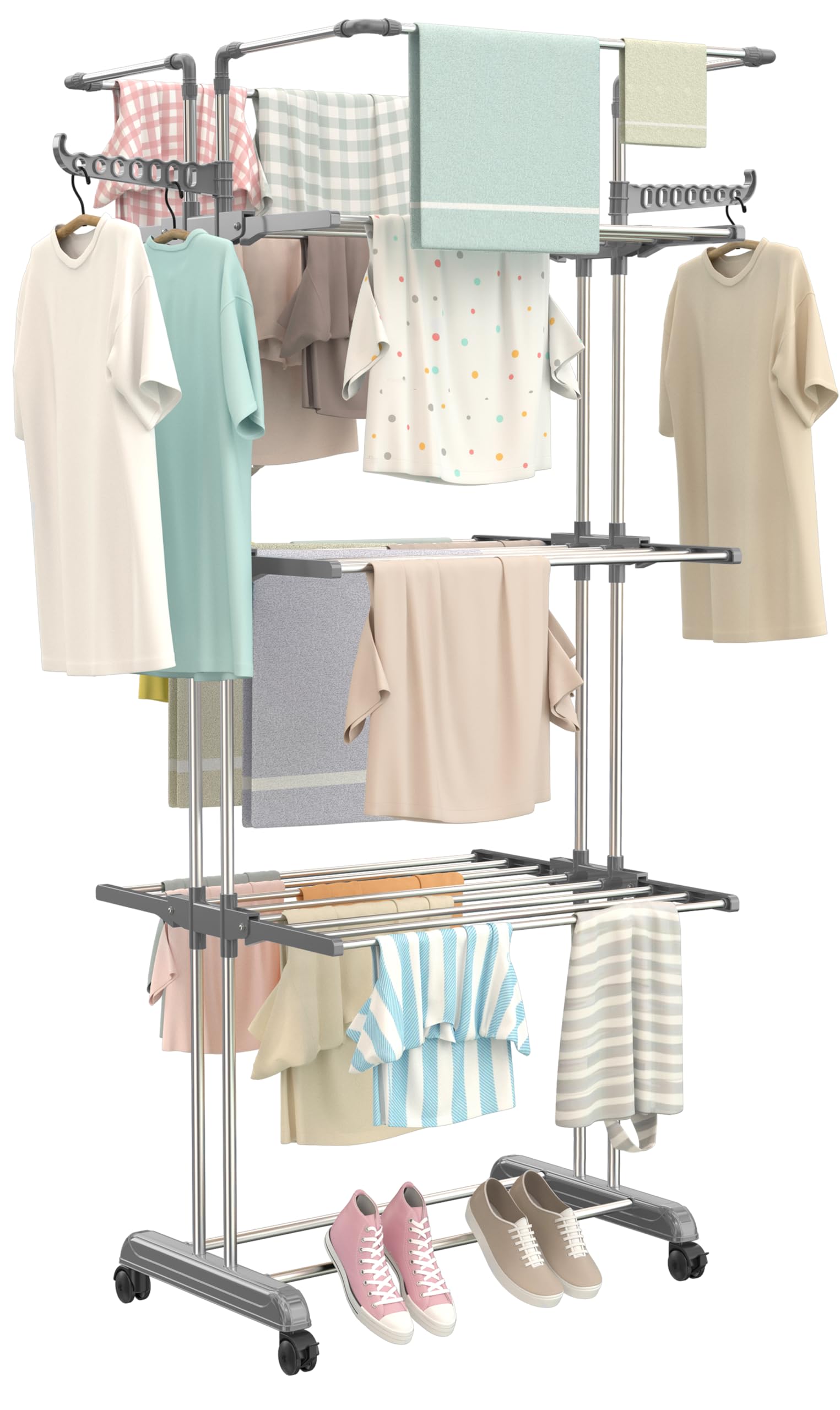 Synergy - Premium Heavy Duty Stainless Steel Clothes Drying Stand | Cloth Dryer Stand | Cloth Stand for Drying Clothes Foldable | Cloth Hanging Stand | Cloth Drying Stand (4-Tier) Grey - SY-CS20-L4