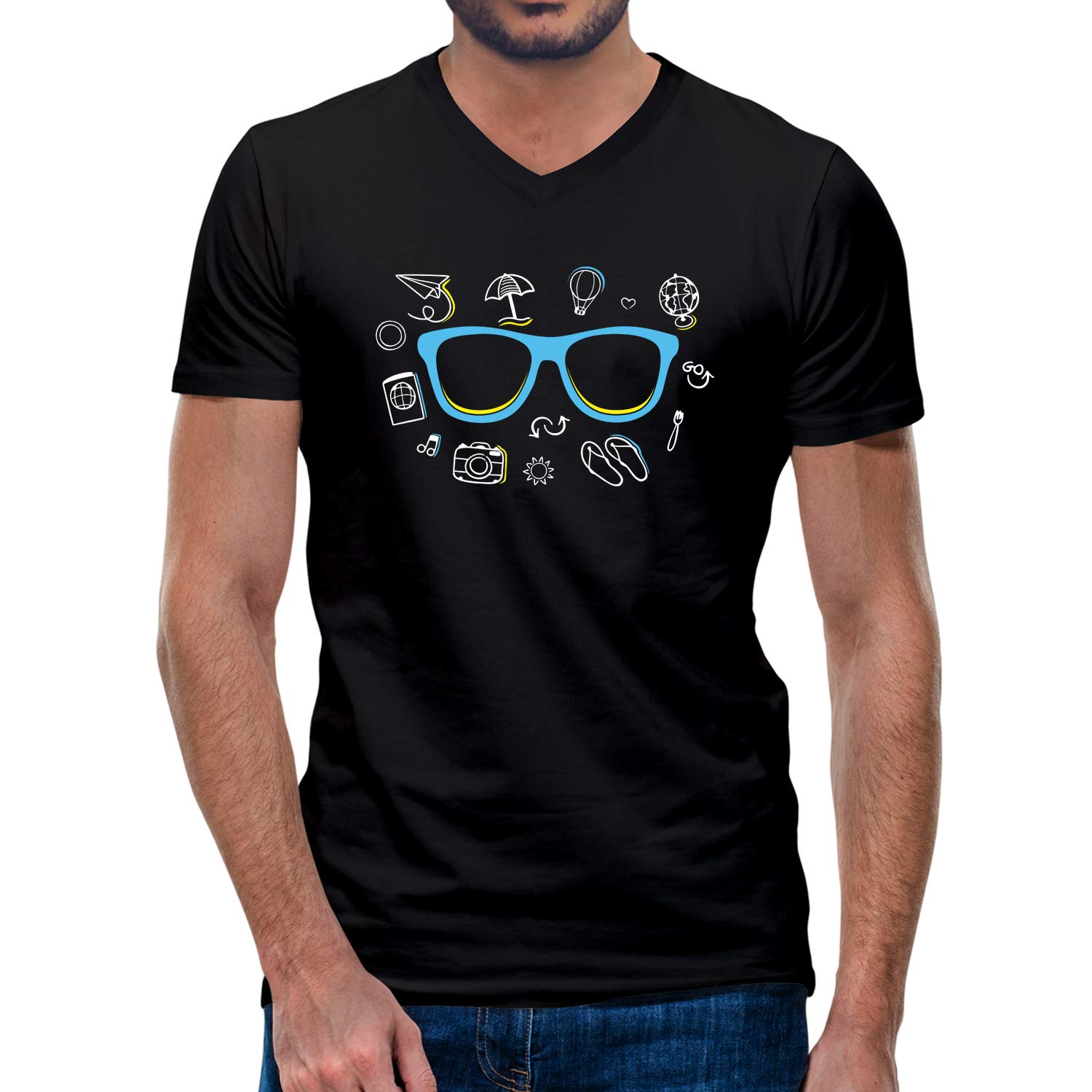 OPLUMen's Regular Fit Specs Doodle Cotton Graphic Printed V Neck Half Sleeves Multicolour T Shirt. Trending, Pootlu, Goggles, Specs, Spectacles Tshirts