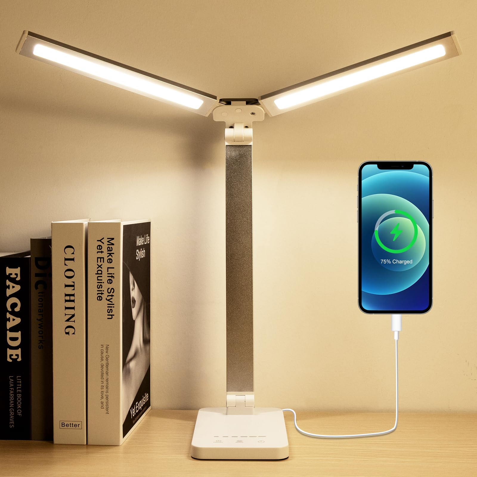 LAOPAO LED Desk Lamp, Dual Head Desk Light, 5 Levels Dimmabl