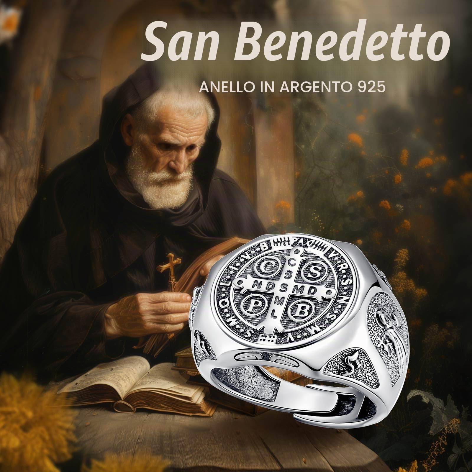 Anello di San Benedetto in Argento Sterling S925 per uomo e Donna, Anello Vintage Regolabile con Amuleto di San Benedetto Gioielli Cristiani Cattolici Regali per la Papà