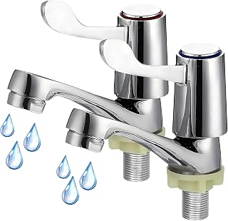 Bathroom Taps Pair, Silvery Bathroom Sink Taps Set of 2, ¼ Turn Lever Tap Fit Basin Mixer Tap Cold and Hot Water, Used for Kitchen Sink to Smooth Water Control
