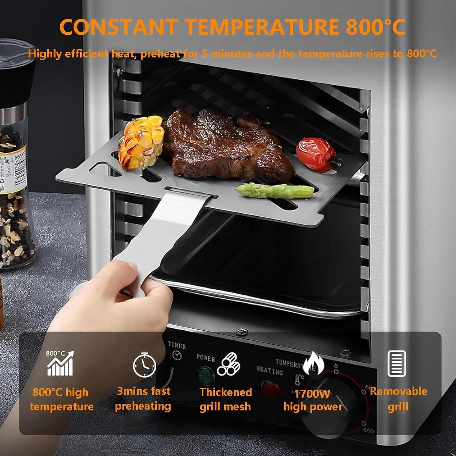 Parrilla eléctrica Teppanyaki de 13.1 x 10 x 14.5 pulgadas, parrillas eléctricas de 1700 W, parrilla de barbacoa temperatura constante de 1,472.0 °F (con parrilla y bandeja de acero inoxidable y 2 4