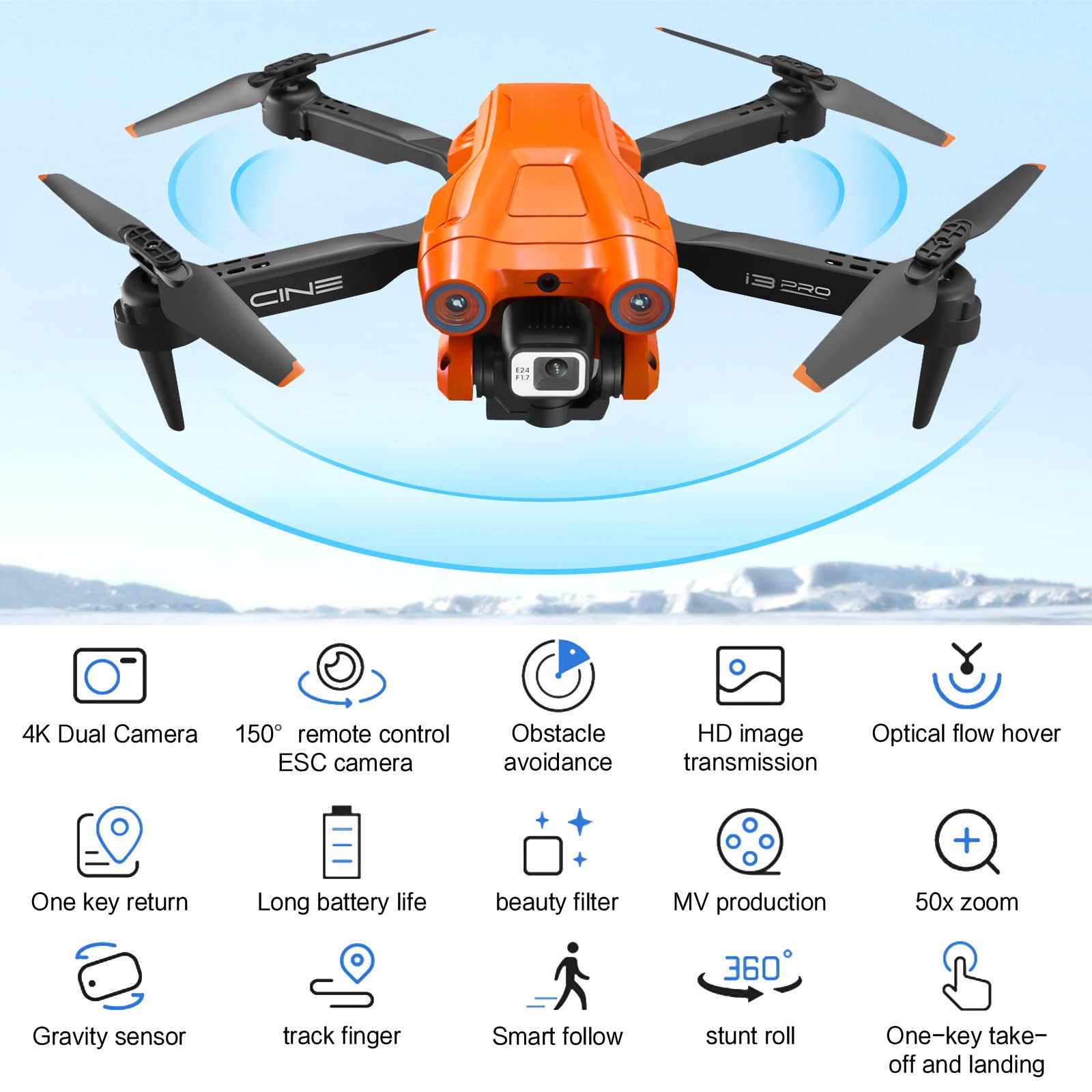 Drone avec double caméra 4K HD pour enfants et adultes – Drones quadrirotor RC avec éviter les obstacles intelligents, tenue d'altitude, jouets cadeaux pour garçons et filles débutants (orange)