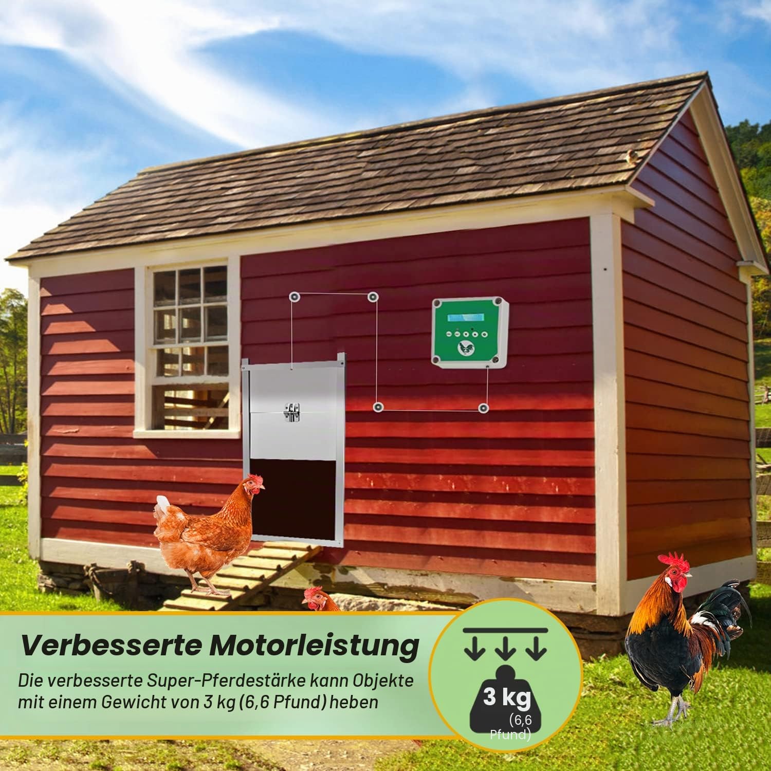 Automatischer Hühnerstalltüröffner mit Timer & 2 Fernbedienungen, Batterie- oder Solarbetriebenes IP65 Wasserdichtes Geflügeltür-Hebesystem