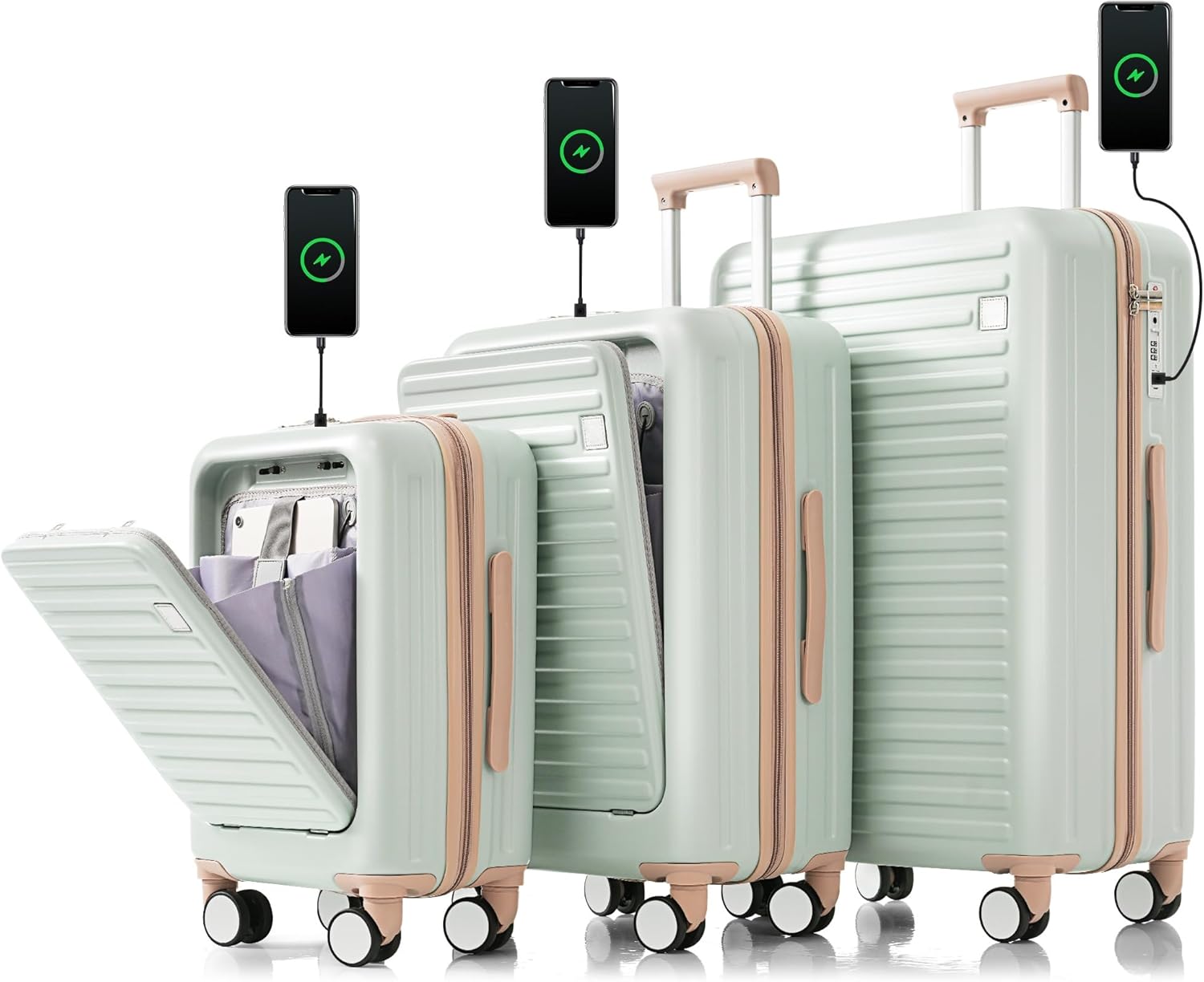 Merax 3Pc Luggage Front Opening with USB Port Hardshell Suitcase Sets with Cup Holder, Grey Green, 20/24/28 in Merax 3Pc Luggage Front Opening with USB Port Hardshell Suitcase Sets with Cup Holder, Grey Green, 20/24/28 in