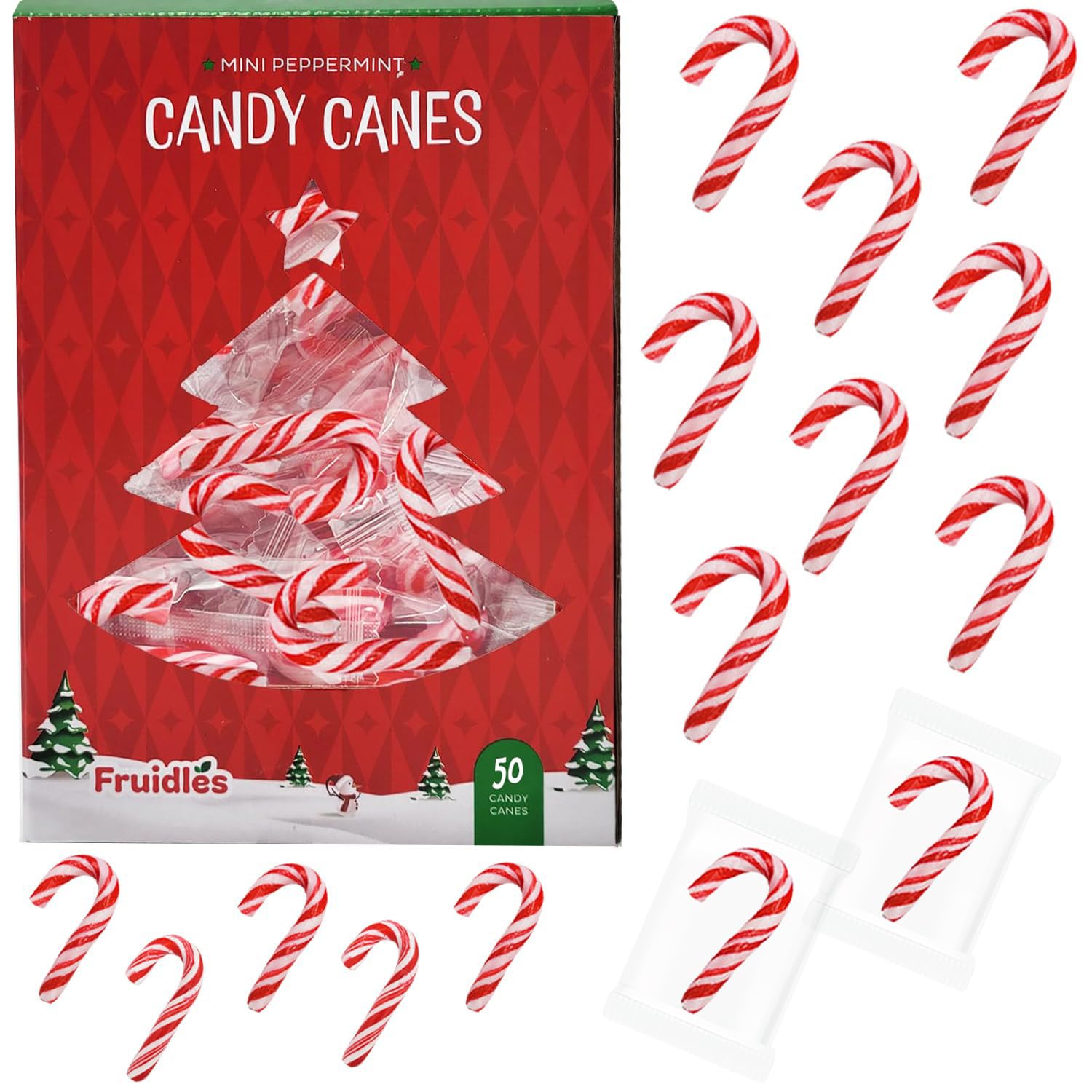 Fruidles 50-Pack Christmas Candy Canes Mini's Suckers, Peppermint Flavor, Individually Wrapped, 2" Inch