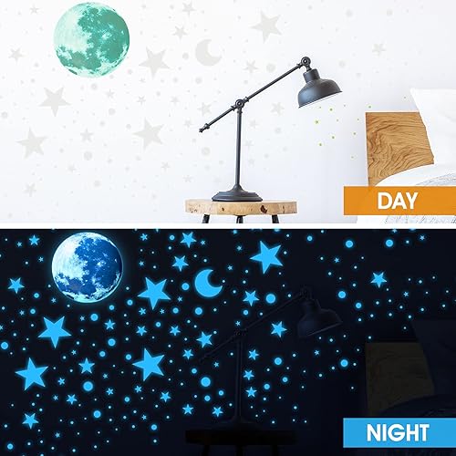 Miniatura 6 de Zonon 1630 calcomanías de estrella que brillan en la oscuridad para el techo, calcomanías de pared de luna y estrellas, calcomanías luminosas de