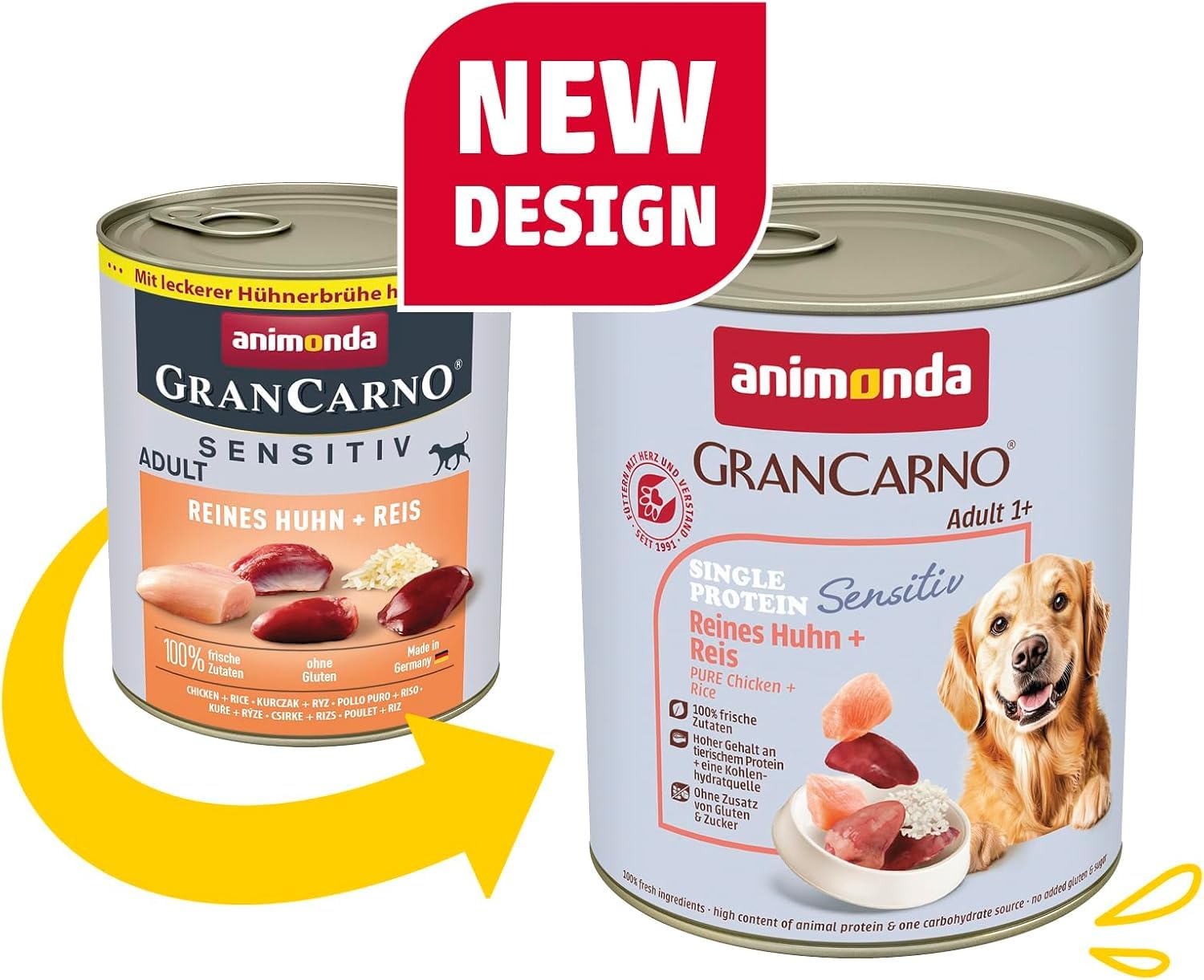 animonda Grancarno Nourriture Humide pour Chien Sensitiv Poulet Pur + Riz (6 x 800 g), sans céréales, sans Sucre, pour Chiens Adultes, avec ingrédients charnus Frais