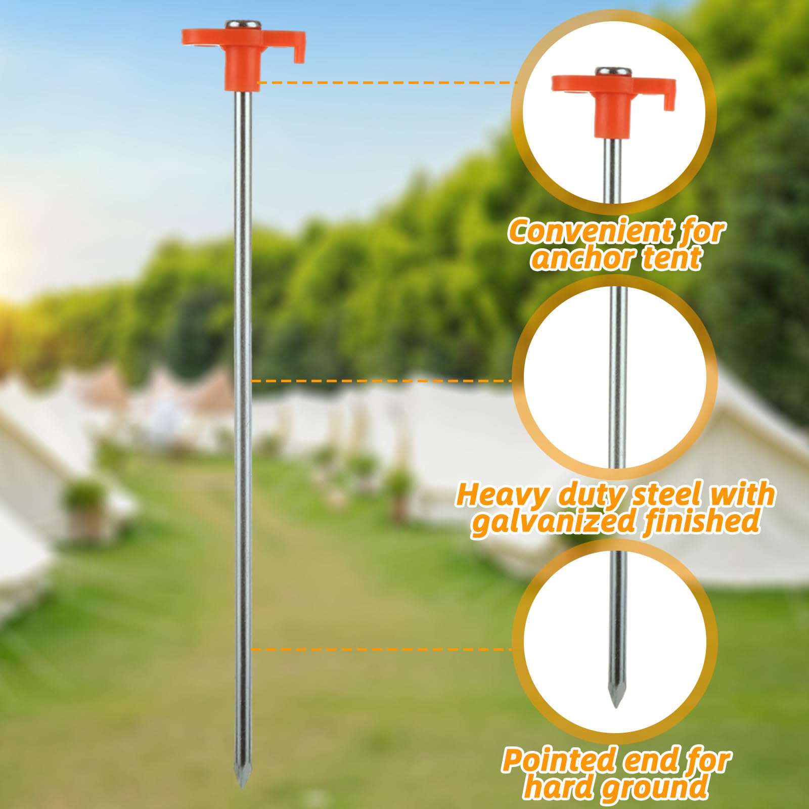 Lot de 40 piquets de tente en métal robuste de 25 cm - Piquets de tente en métal antirouille - Piquets d'auvent en acier galvanisé pour auvent extérieur, camping - Orange
