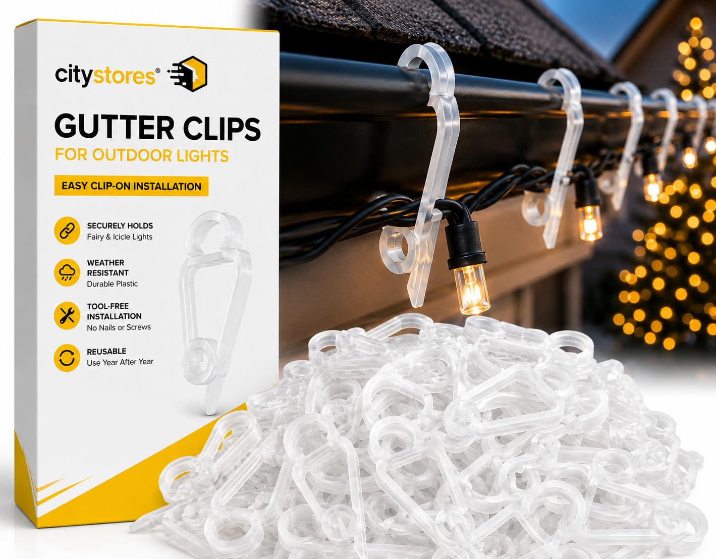 Citystores Clear Citystores® 100 /White Gutter Clips For Outdoor Christmas Fairy & Icicle Lights – Universal Hanging Hooks For Roof Gutters, Garden & Festive Decorations