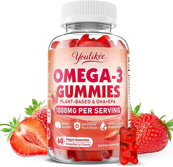 Vegan Omega-3 Gummies 1000mg, Omega 3 Fish Oil Alternative for Adults, Plant Based DHA 460mg & EPA 230mg w/Vitamin A, C, E - for Brain, Eye & Immune Health, Sugar Free, Strawberry Flavor, 60 Count