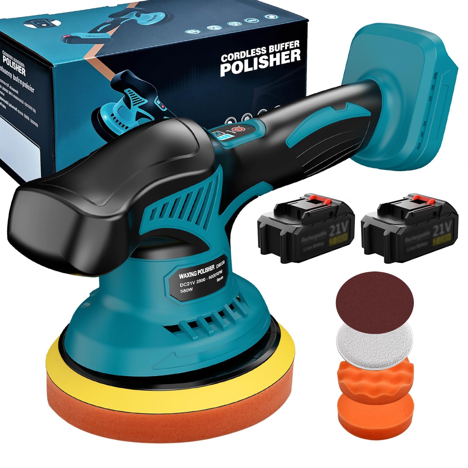 Yofuly Pulidora Orbital a Batería 6 Pulgadas, 8 Velocidades, 2x2000mAh, Compatible Makita 18V, para Detallado Auto