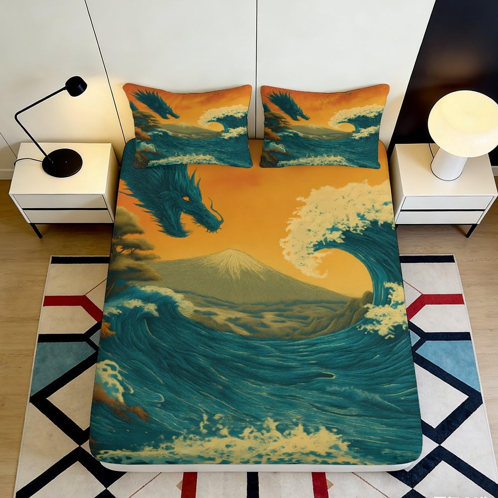 3D Printed Ocean Wave Fitted Sheet Microfiber Artistic Sunset Bed Cover for Bedroom Dorm Mattress Protection Decor 90x200x25cm