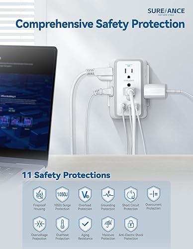 Miniatura 4 de Toma de pared multienchufe, extensor de 6 salidas con luz nocturna, 3 puertos USB, regleta de alimentación de 3 lados con adaptador espaciado,