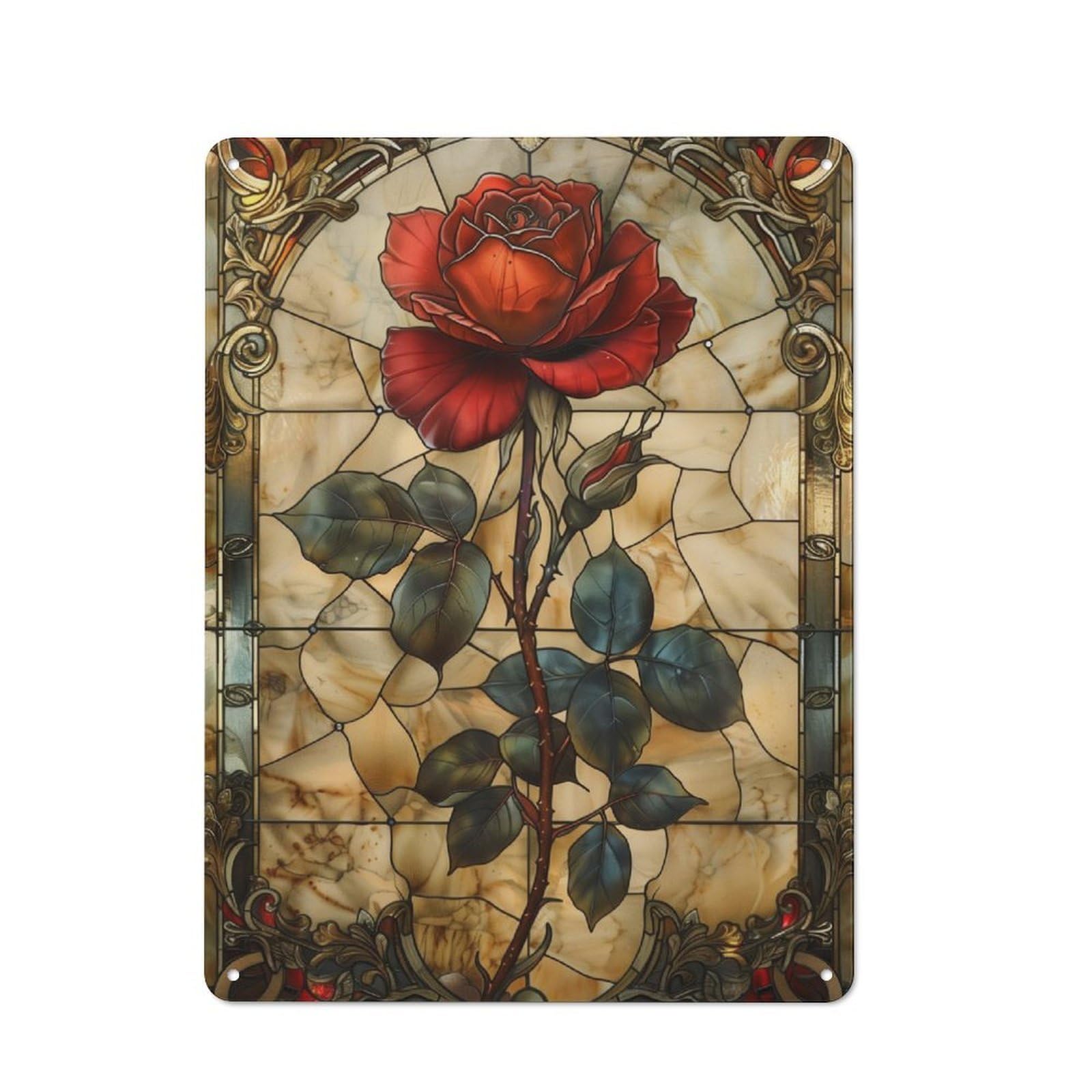 Junmoney Stained Glass Red Rose Simple Retro Tin Sign 40X30cm, Office Wall Decor For Hobby Room, Office, Lounge Or Living Room