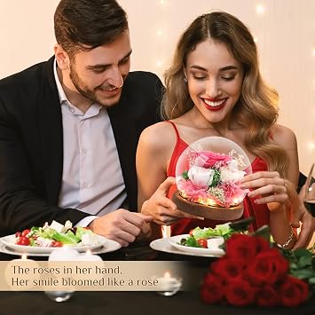 Preserved Flowers,Rose in Glass Dome with LED Light, Mother's Day Present,Gifts for Girls, Women, Mom,Grandma,Girlfriend, Wife- Style4