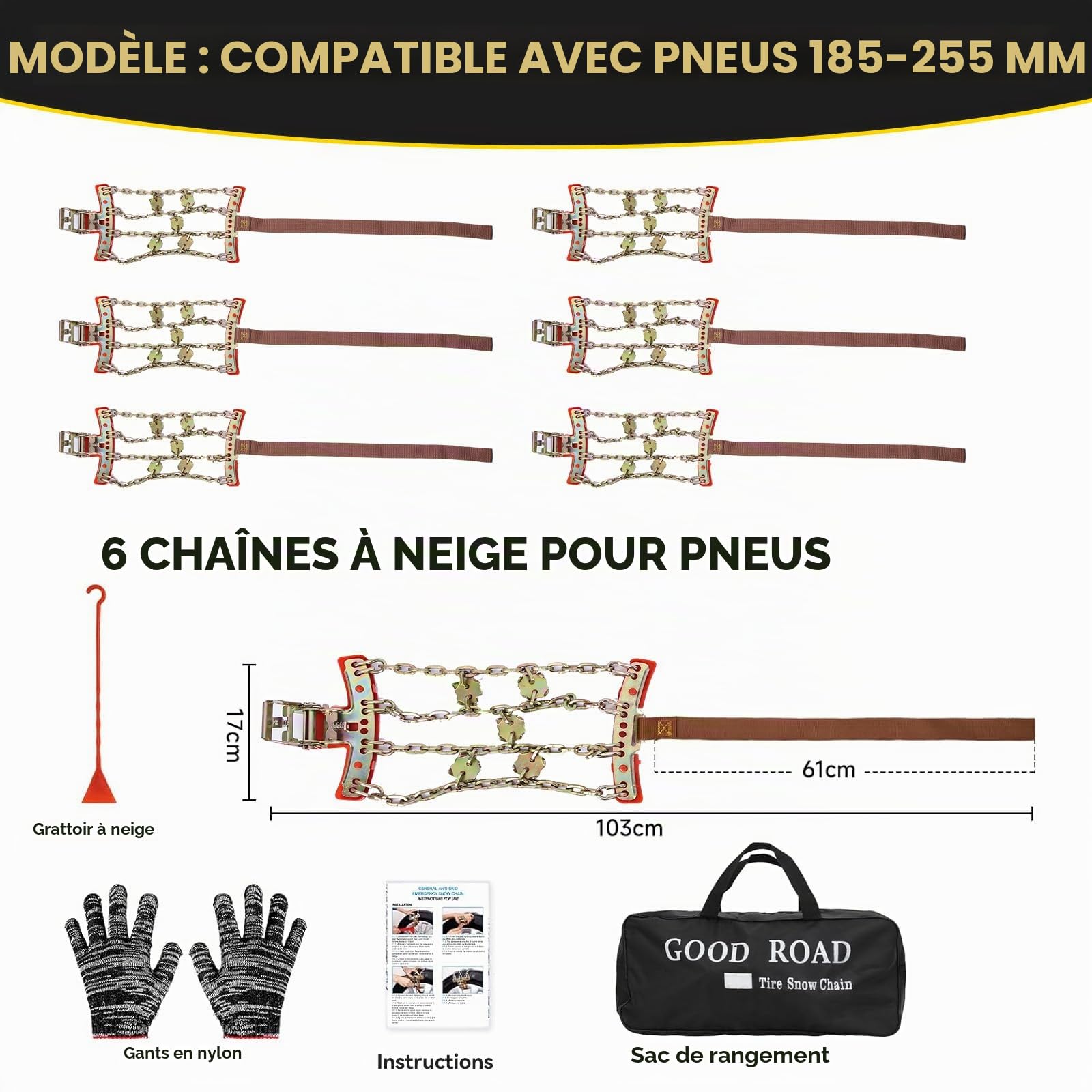 Lot de 6 chaînes à neige en fer avec gants pour tous les types de véhicules - Traction améliorée avec boucles en métal - Boucle à engrenage automatique - 185 mm - 245 mm