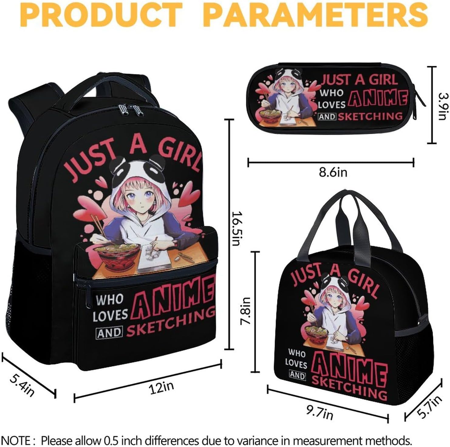 Girls Backpack with Lunch Box - Set of 3 School Backpacks Matching Combo - Lightweight Black Bookbag and Pencil Case Bundle