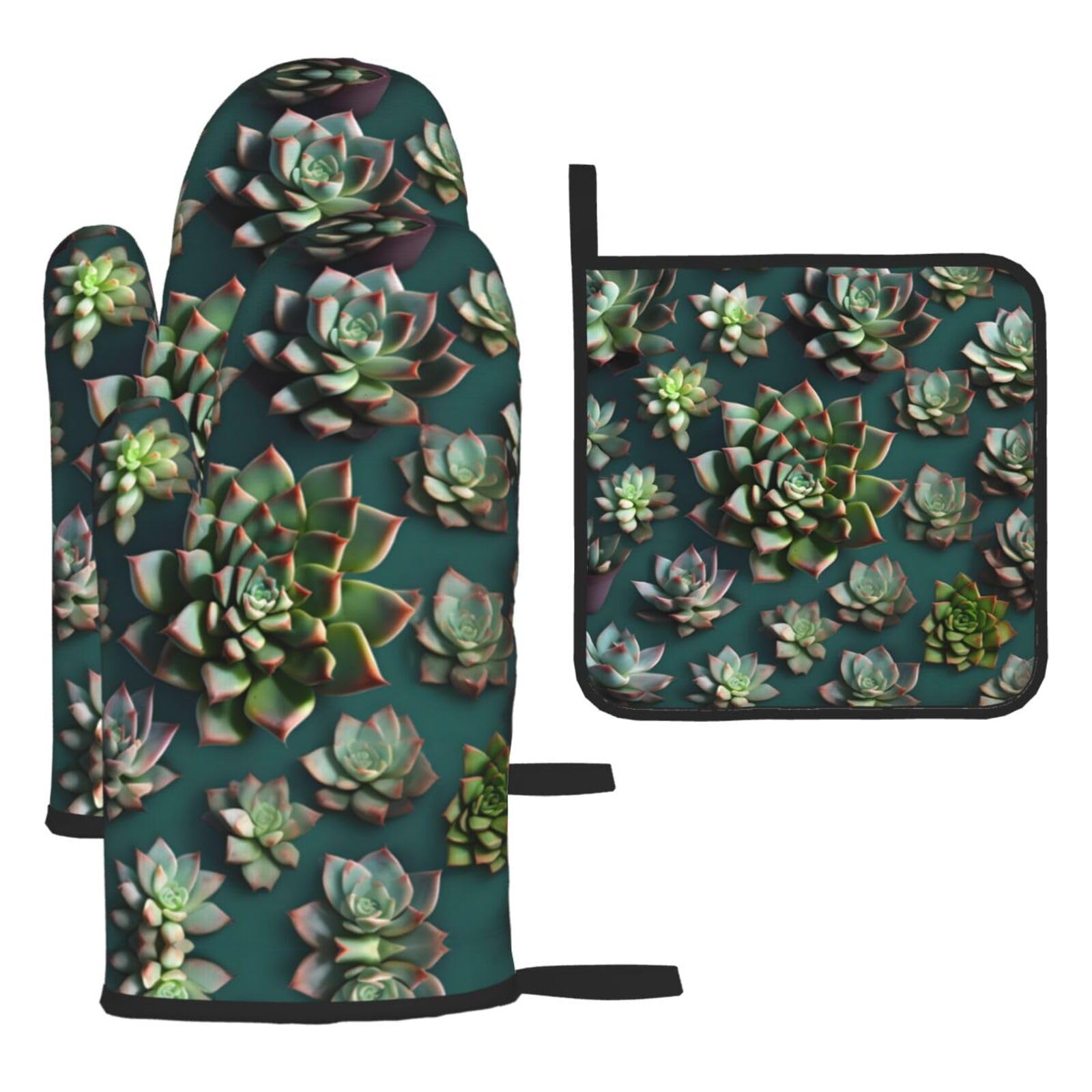 Many succulents Oven mittens and oven mitts three-piece set suitable for oven, grilling, baking, microwave and home cooking.