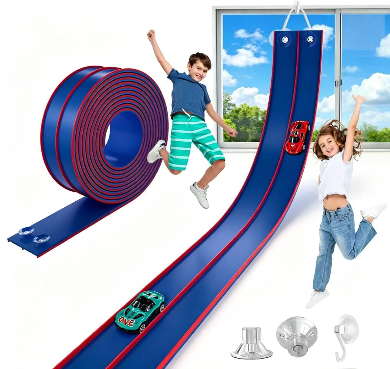 TAEMVV Car Track Set, Azure | Rolls Up Toddler Car Ramp Toys