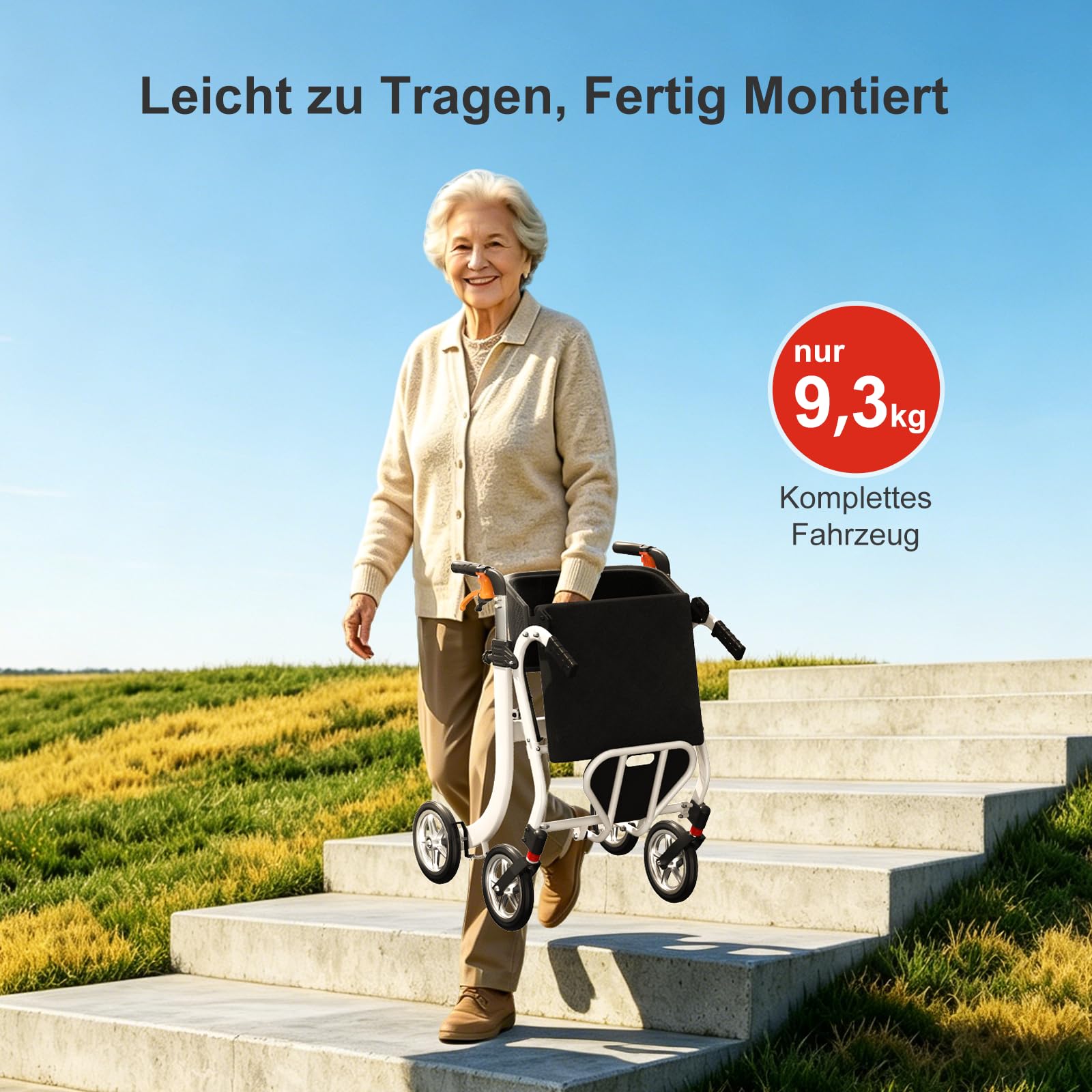 3-in-1 Aluminium Rollator Rollstuhl Faltbar und Leicht mit Sitz, Höhenverstellbar Gehhilfe, 9,3 kg Leichtgewicht Reiserollator Schmal für Wohnung, Rollatoren mit Aufbewahrungstasche (Weiß)
