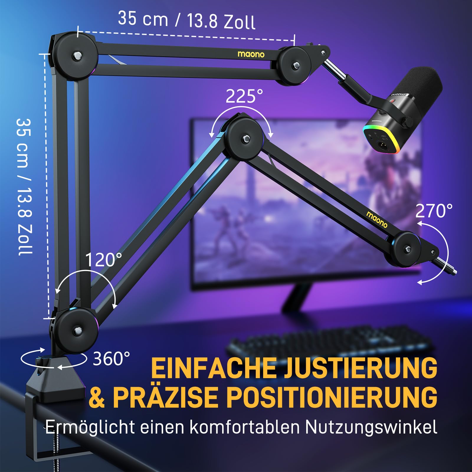MAONO Mikrofon Arm, verstellbar mit 3/8"-5/8" Adapter, für Blue Yeti、HyperX QuadCast、SoloCast、Elgato Wave、FIFINE, Podcast & Streaming, BA37 schwarz